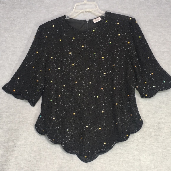 BEADED SILK Sequined Evening Special Occasion Formal Dressy w/Scalloped Edges - Picture 2 of 14